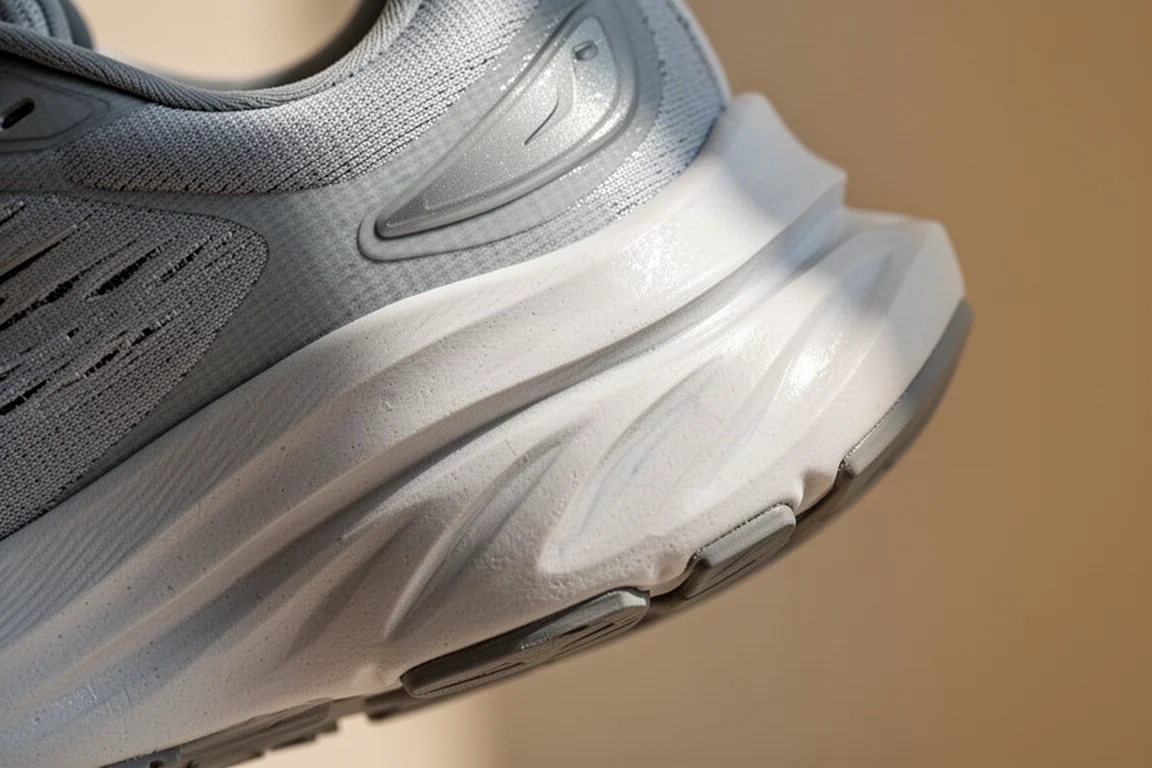 Close-up of a running shoe midsole showing thick cushioning and curved plate geometry