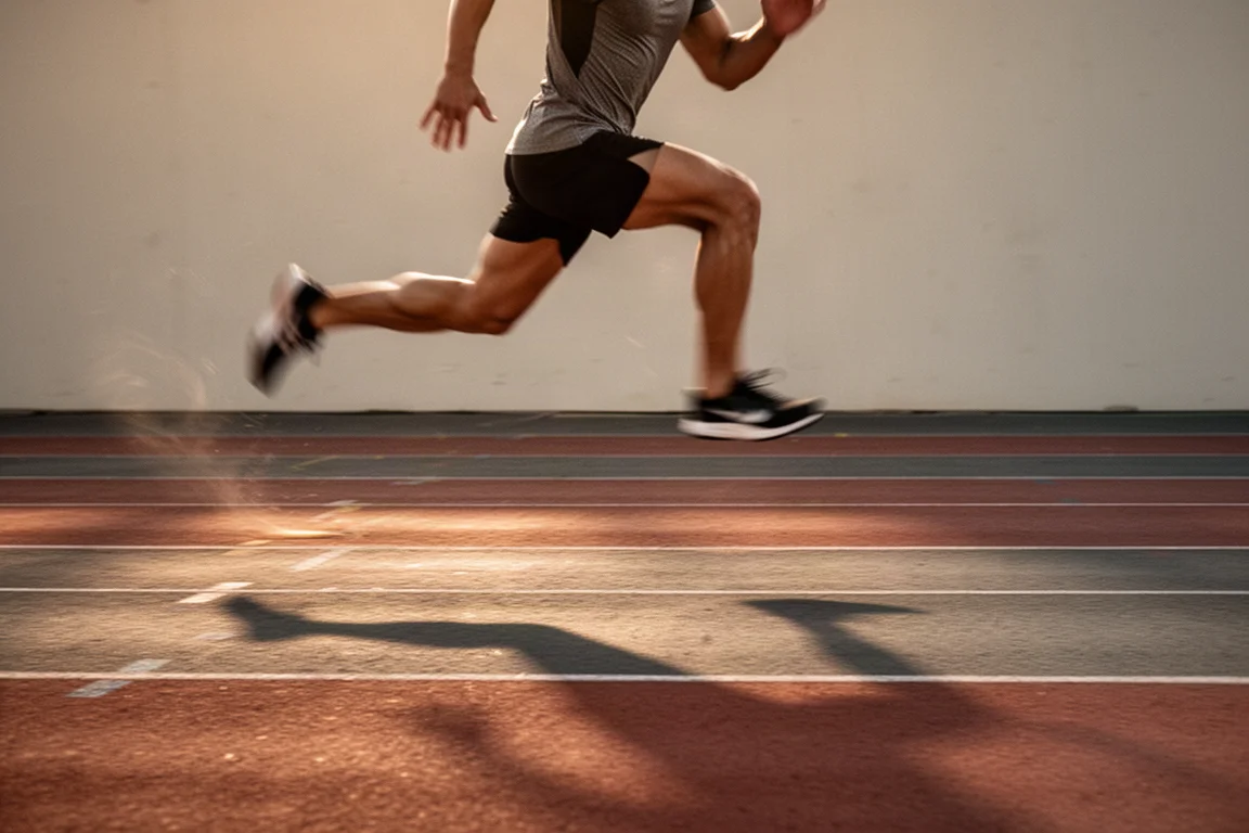 Athlete running fast intervals on a track in soft evening light