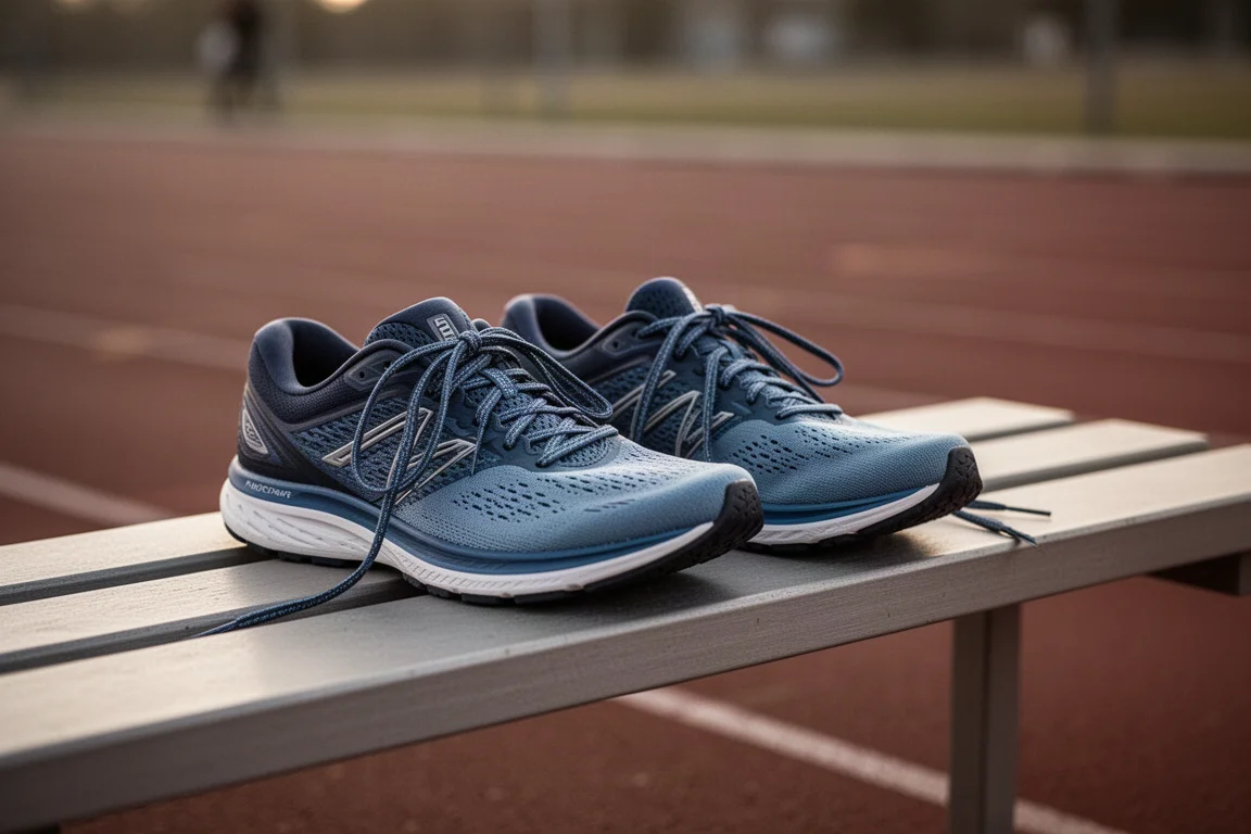 Two running shoes resting on a trackside bench after a tempo run