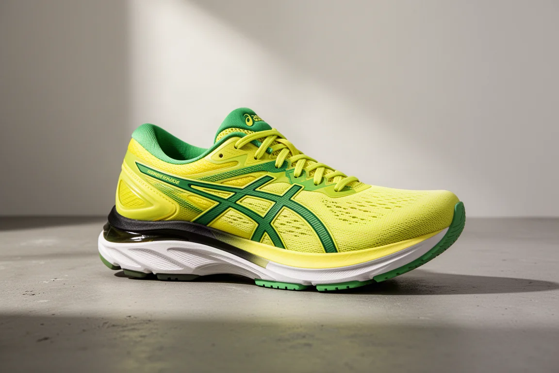 ASICS Magic Speed 4 running shoe in yellow on a concrete surface