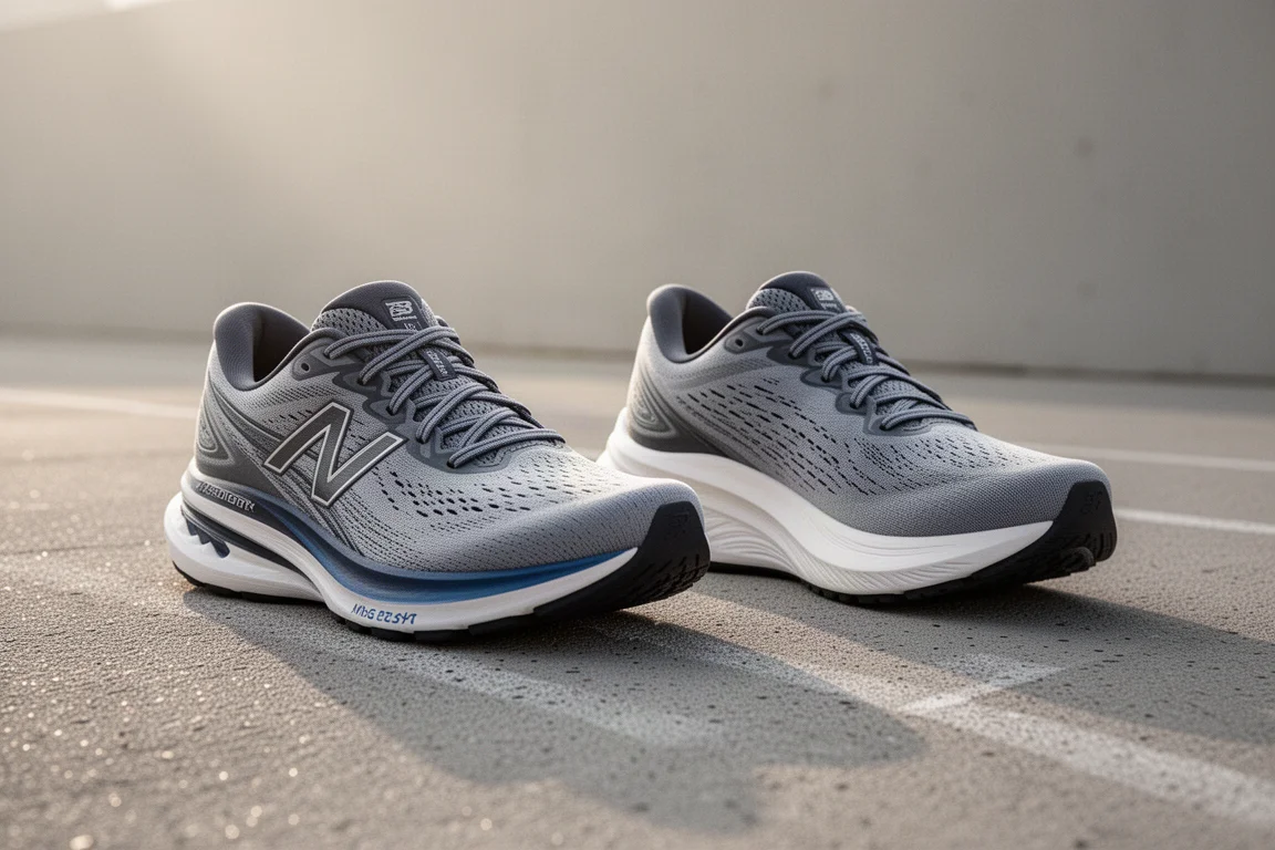 Dos zapatillas de running lado a lado sobre la superficie de una pista de hormigón