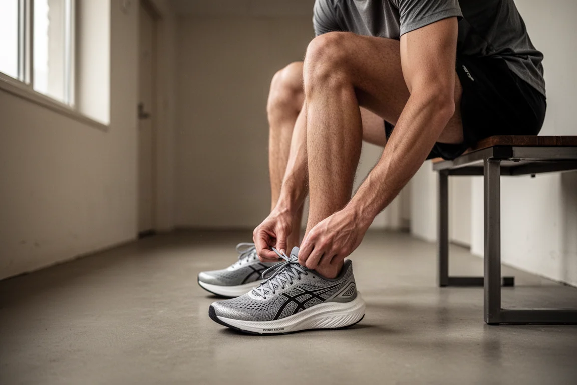 Corredor atándose los cordones de una zapatilla con placa antes de una serie de tempo