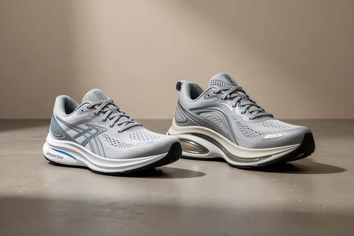 Due scarpe da running fianco a fianco, una con uno stack della suola intermedia più alto dell'altra