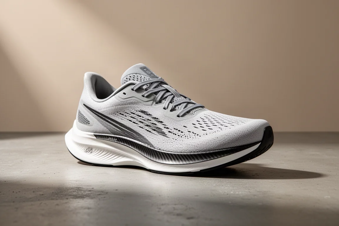 Scarpa da running ASICS Magic Speed 5 bianca e viola su una superficie di cemento