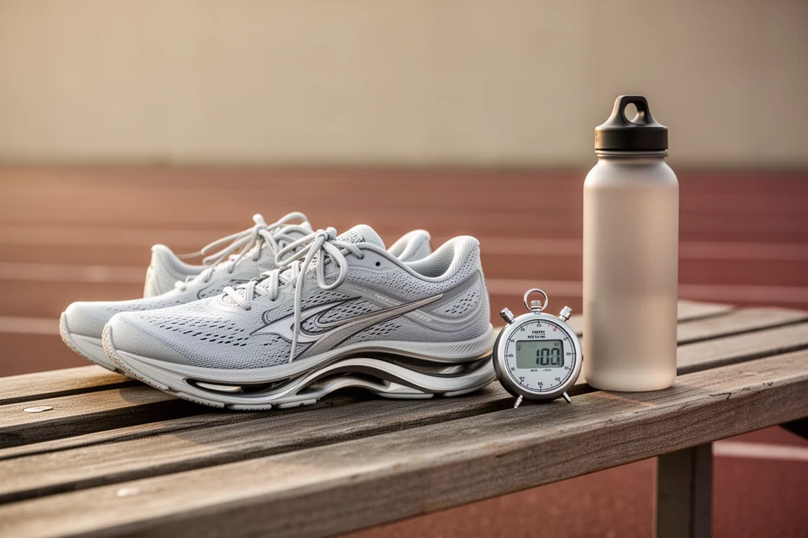 Hardloopschoen naast een stopwatch en waterfles op een bank langs de atletiekbaan