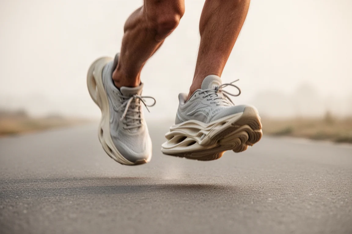 Piedi di un runner a metà falcata su asfalto liscio durante un lungo veloce