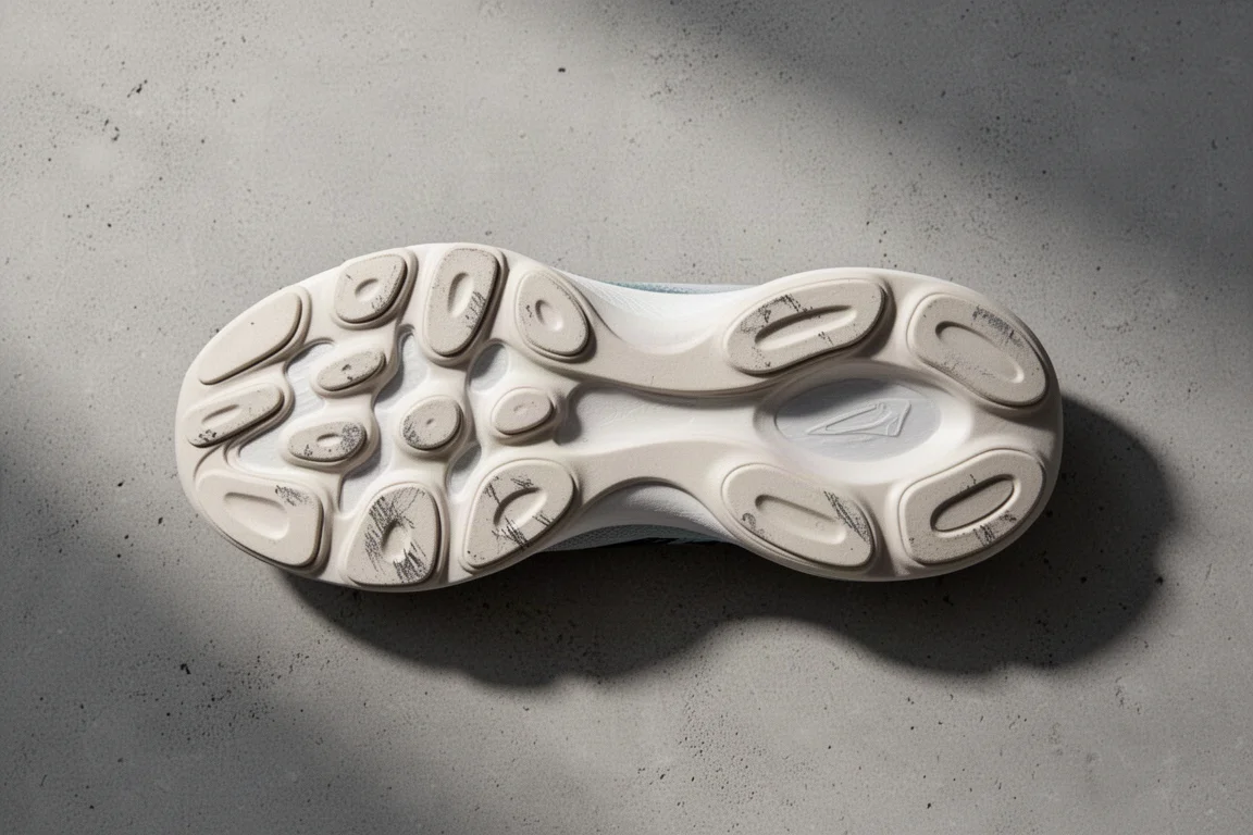 Suola di una scarpa da running con podi sull'avampiede e usura minima della gomma