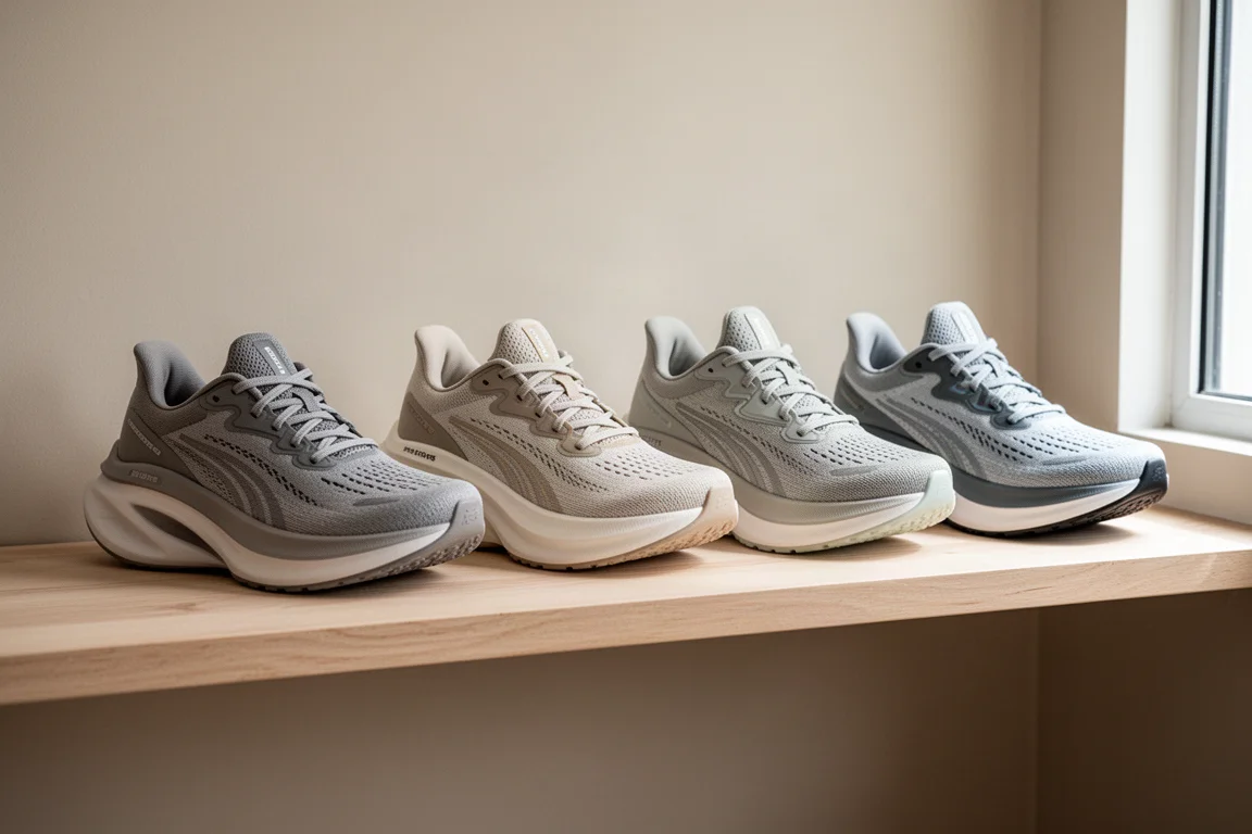 Diverse scarpe da running allineate su una mensola per il confronto