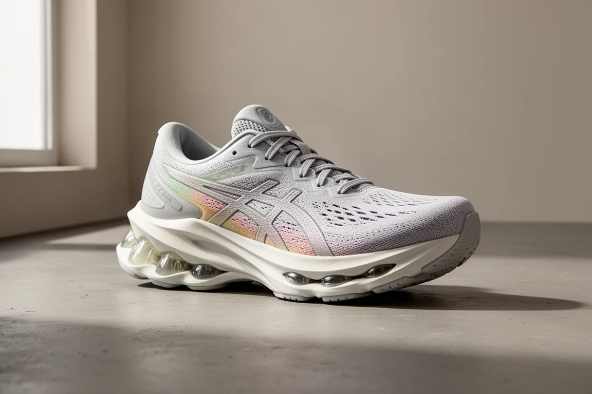 Scarpa da running ASICS Mega Blast su una superficie di cemento in una luce da studio morbida