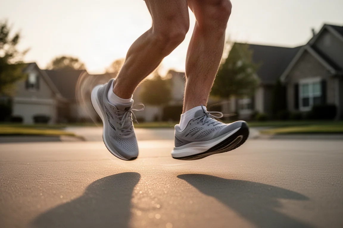 Pieds d'un coureur en mouvement sur une route de banlieue au petit matin