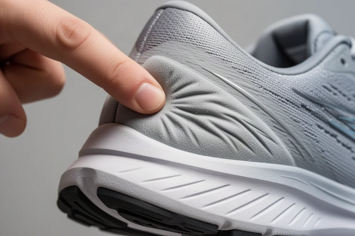 Gros plan sur la semelle intermédiaire d'une chaussure de running montrant la compression de la mousse et les lignes de rodage