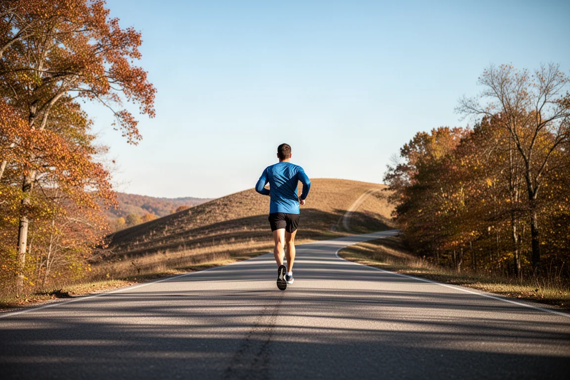 Coureur franchissant une colline vallonnée sur une route rurale bordée d'arbres