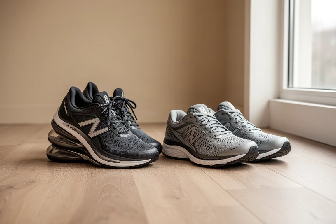 Deux paires de chaussures de running posées côte à côte sur un plancher en bois