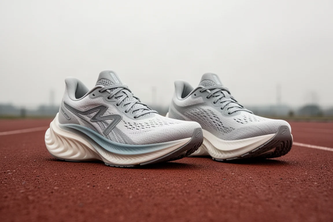 Dois tênis de performance para corrida lado a lado em uma pista de atletismo