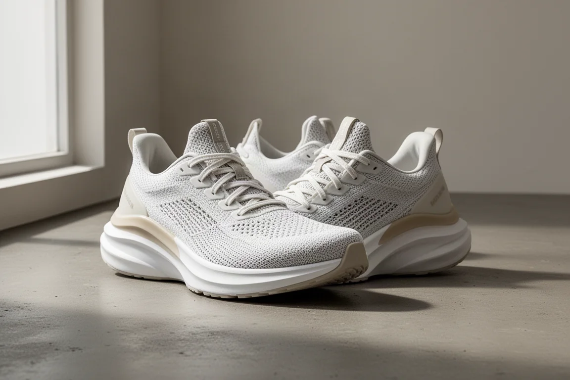 Pair of modern performance running shoes with thick foam midsoles on concrete