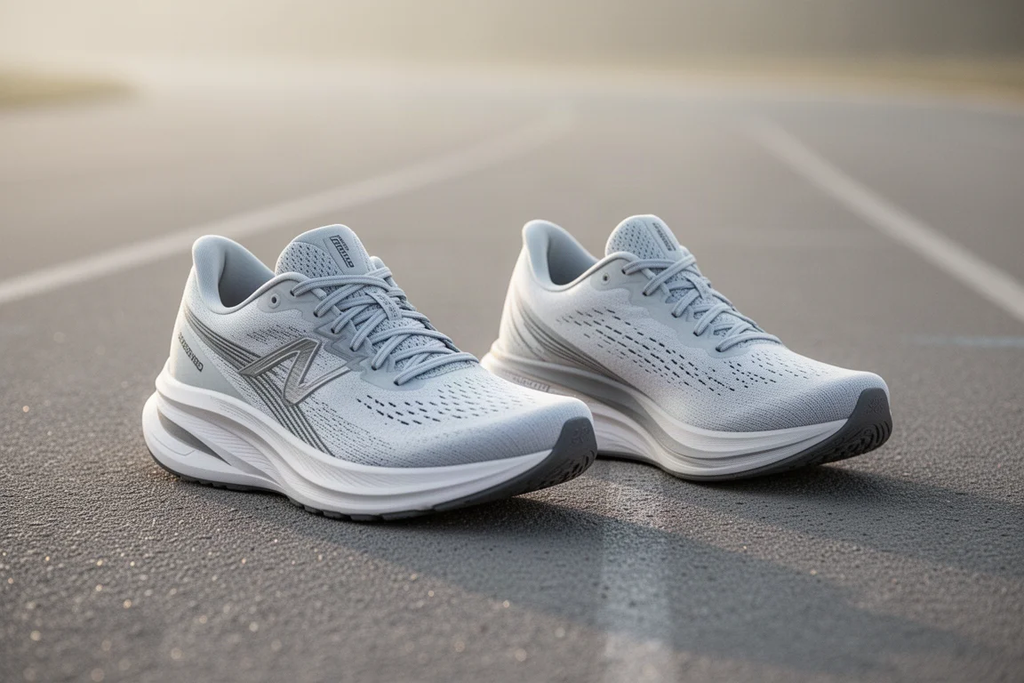 Dos zapatillas de running una al lado de la otra sobre una pista con luz suave de la mañana