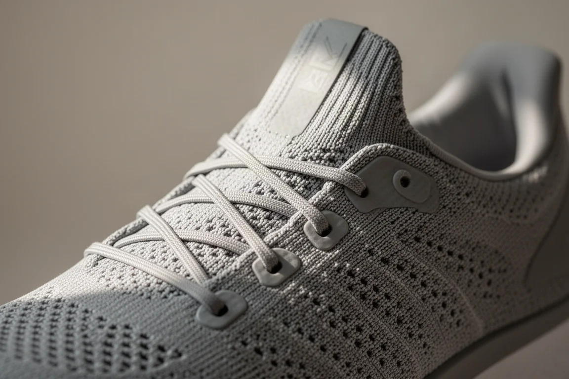 Primer plano de la parte superior tejida de una zapatilla de running mostrando la lengüeta y los cordones