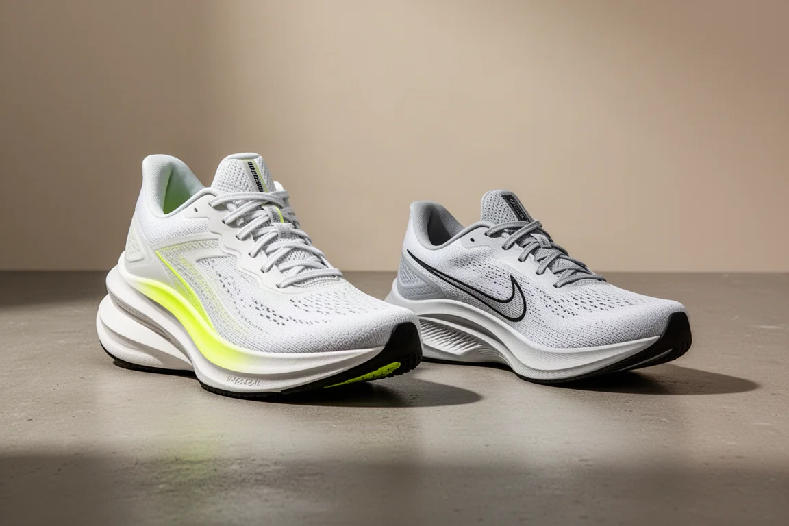 Due scarpe da running leggere affiancate, una con suola alta e una dal profilo più basso