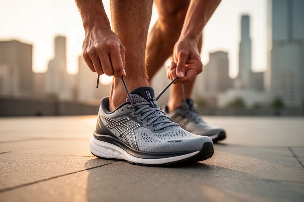 Runner tying the laces of a road running shoe on an urban pavement