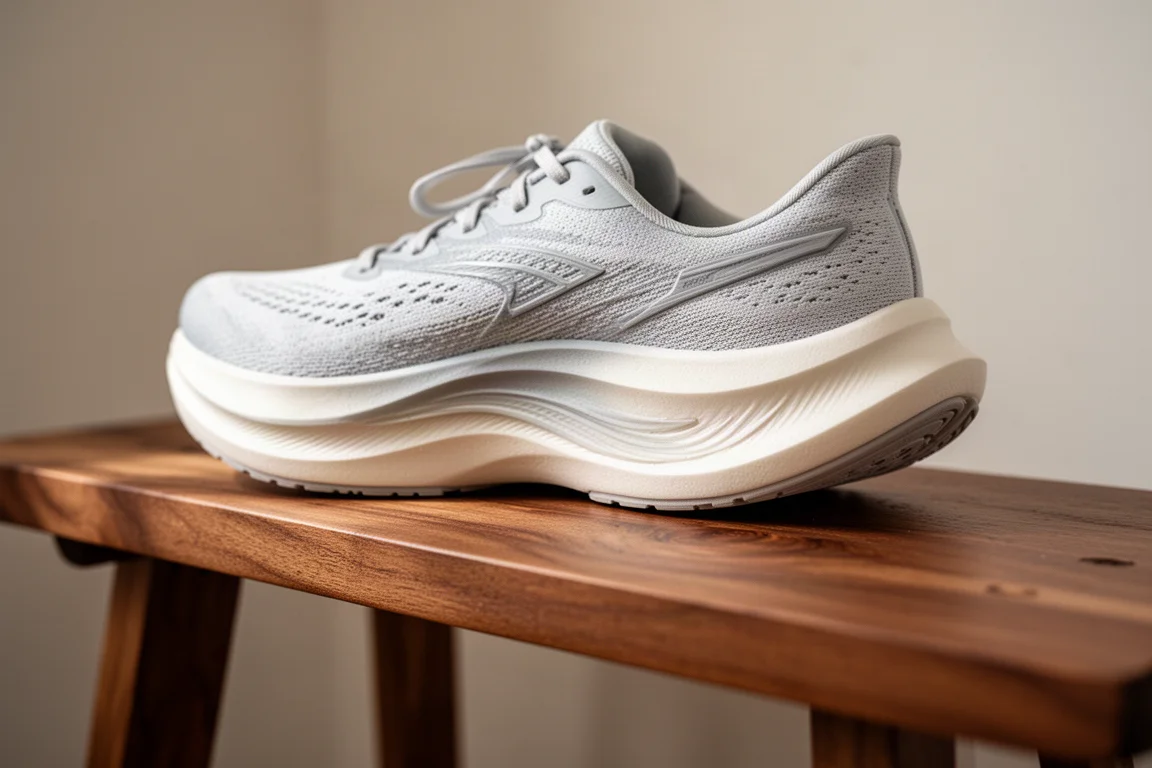 Close-up of a running shoe midsole highlighting foam thickness and rocker shape