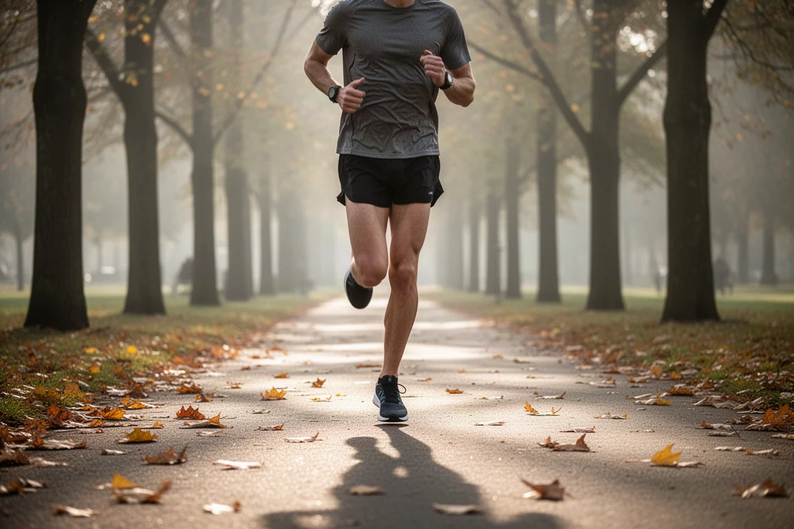 Runner jogging along a tree-lined park path in morning light