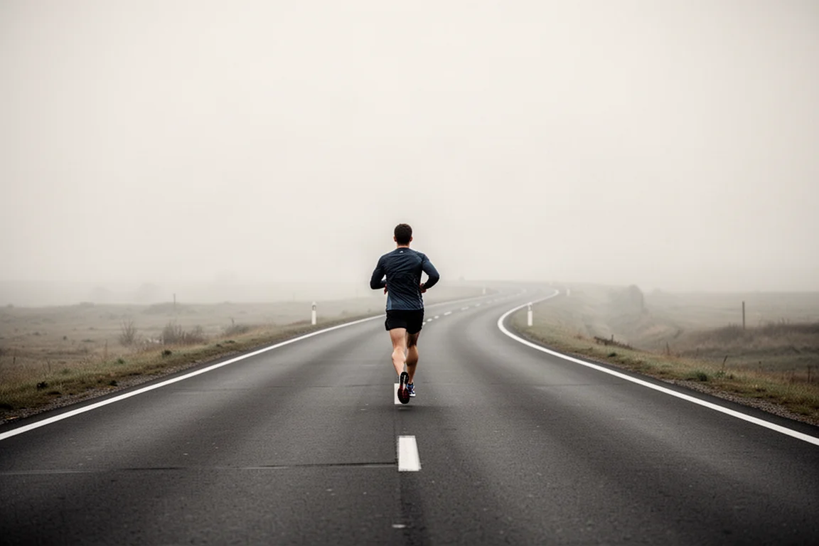 Marathon runner on open tarmac road during a long training run