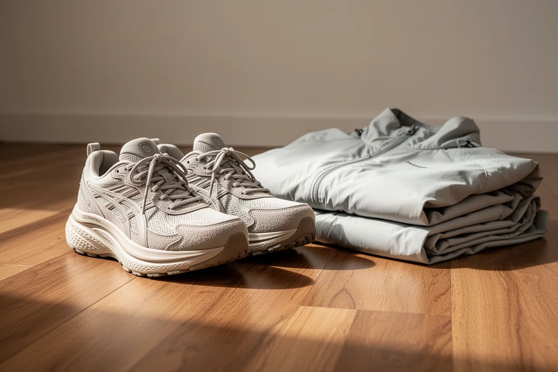 Gepolsterte Laufschuhe auf einem Holzfußboden neben einer Laufjacke