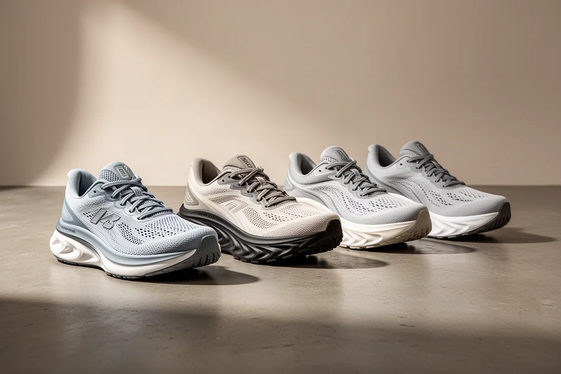 Four max-stack running shoes lined up on a concrete studio floor