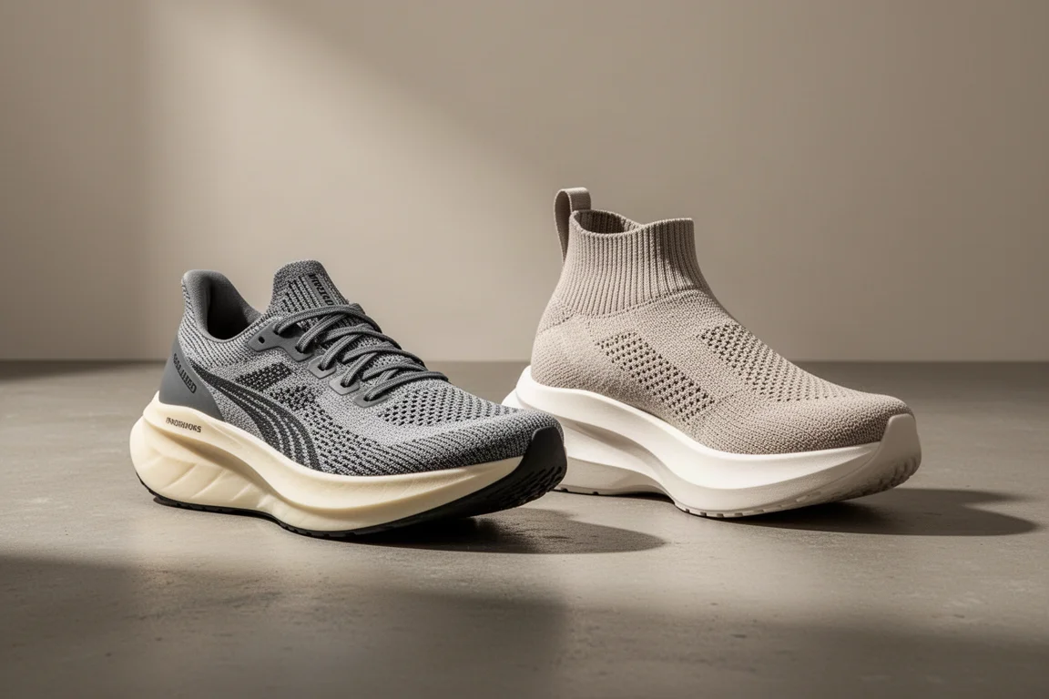 Two max-stack road running shoes side by side on a concrete surface