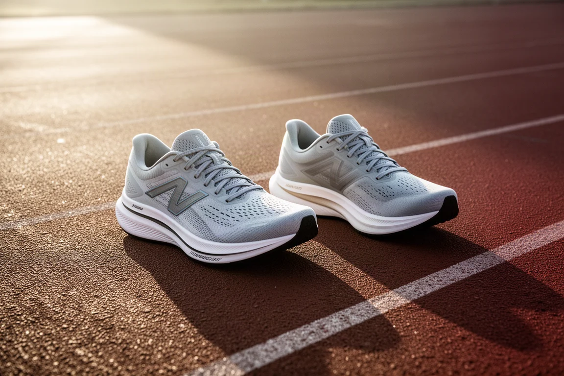 Two running trainers side by side on a track surface in soft daylight