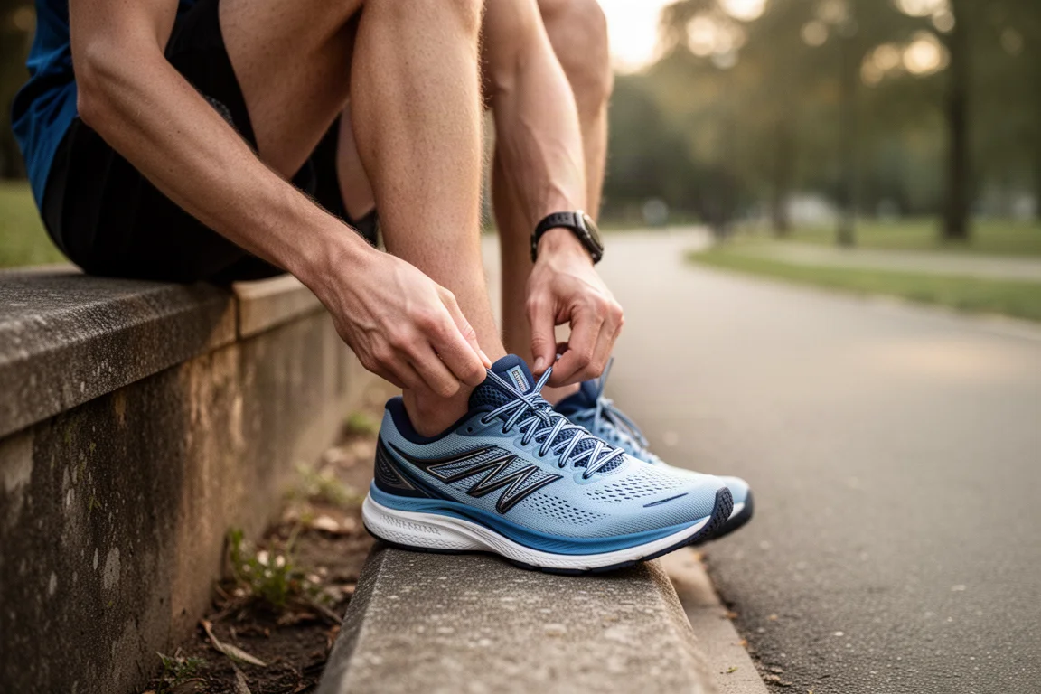 Runner tying the laces of a running shoe on a paved path