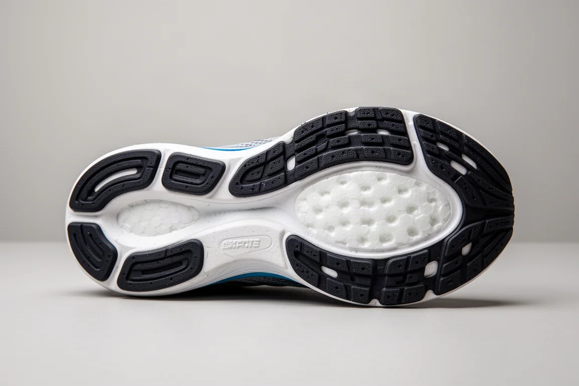 Close-up of a running shoe outsole showing rubber coverage and exposed foam