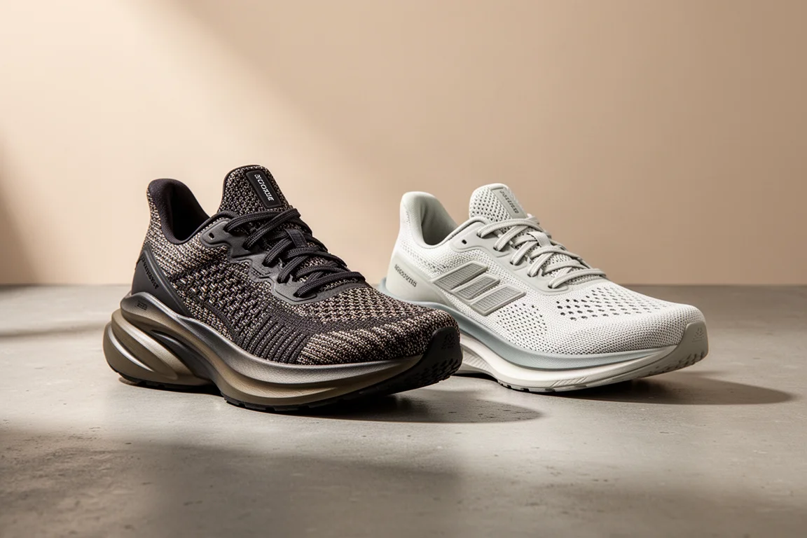 ASICS Mega Blast and Saucony Endorphin Speed 5 trainers side by side on concrete