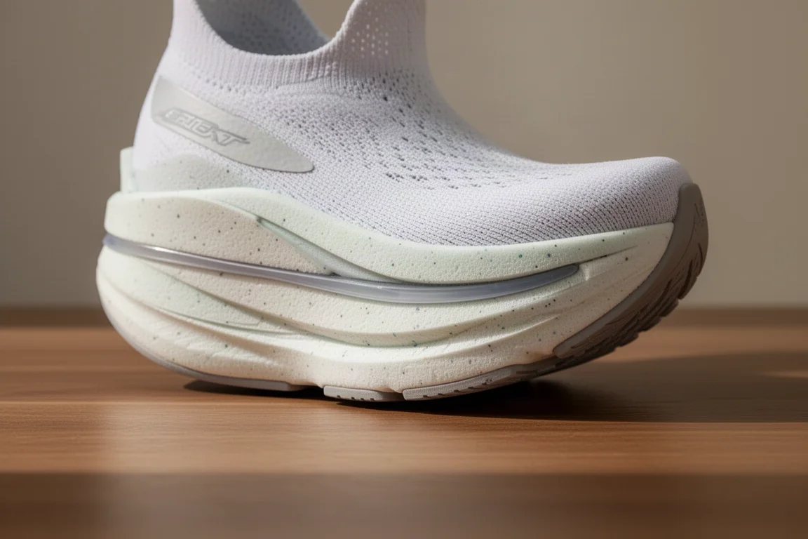 Detail of a layered dual-density running shoe midsole with visible plate