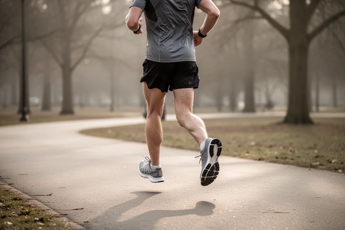 Runner settling into a steady training pace on a smooth paved path