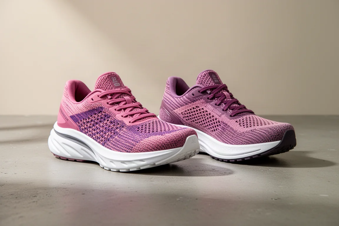 Asics Mega Blast and Super Blast running shoes side by side on concrete