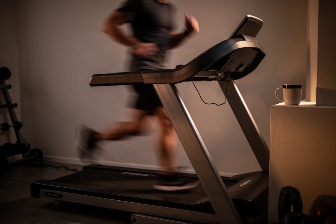 Runner finishing a treadmill session in a dim gym before sunrise