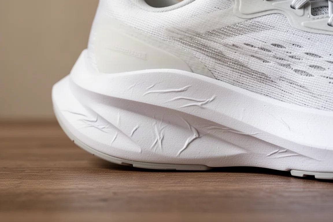 Close-up of a high-stack running shoe midsole showing energetic foam sidewall
