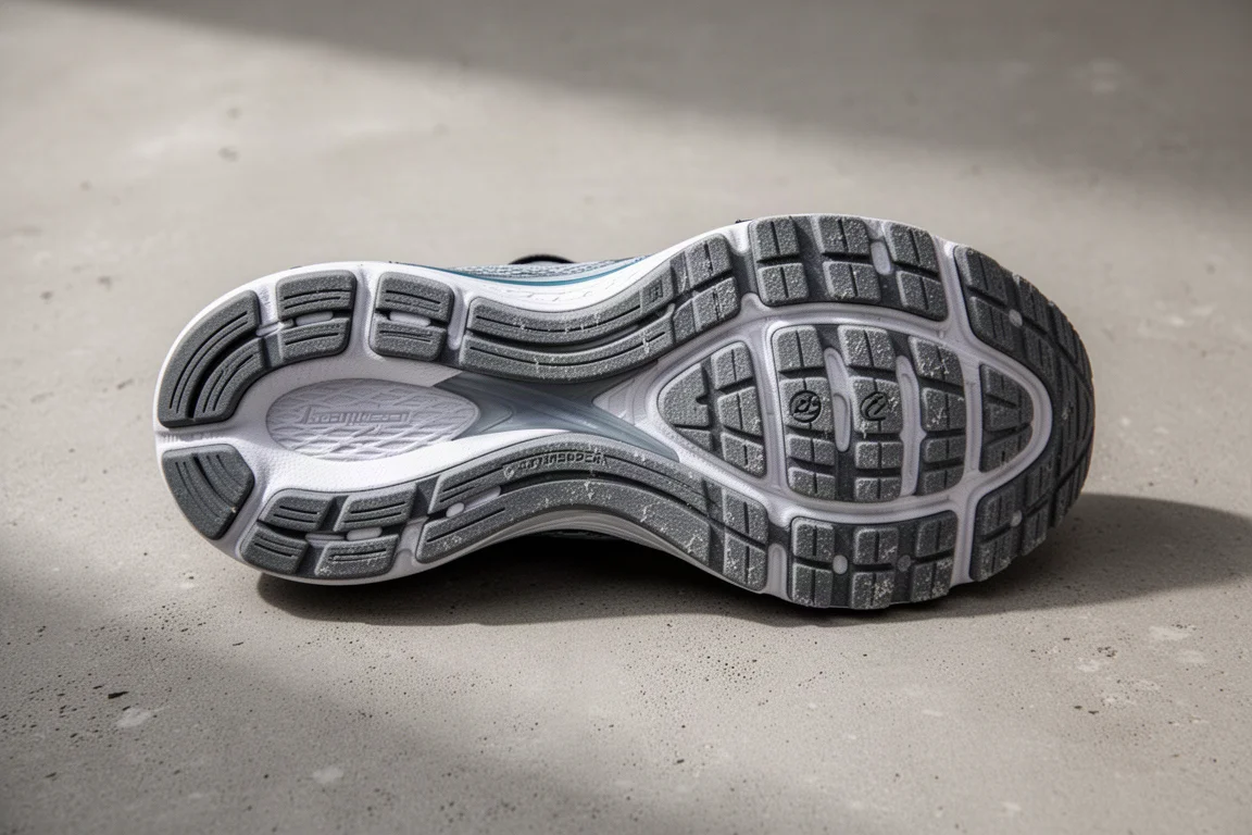 Worn outsole of a running shoe with tread still visible on concrete