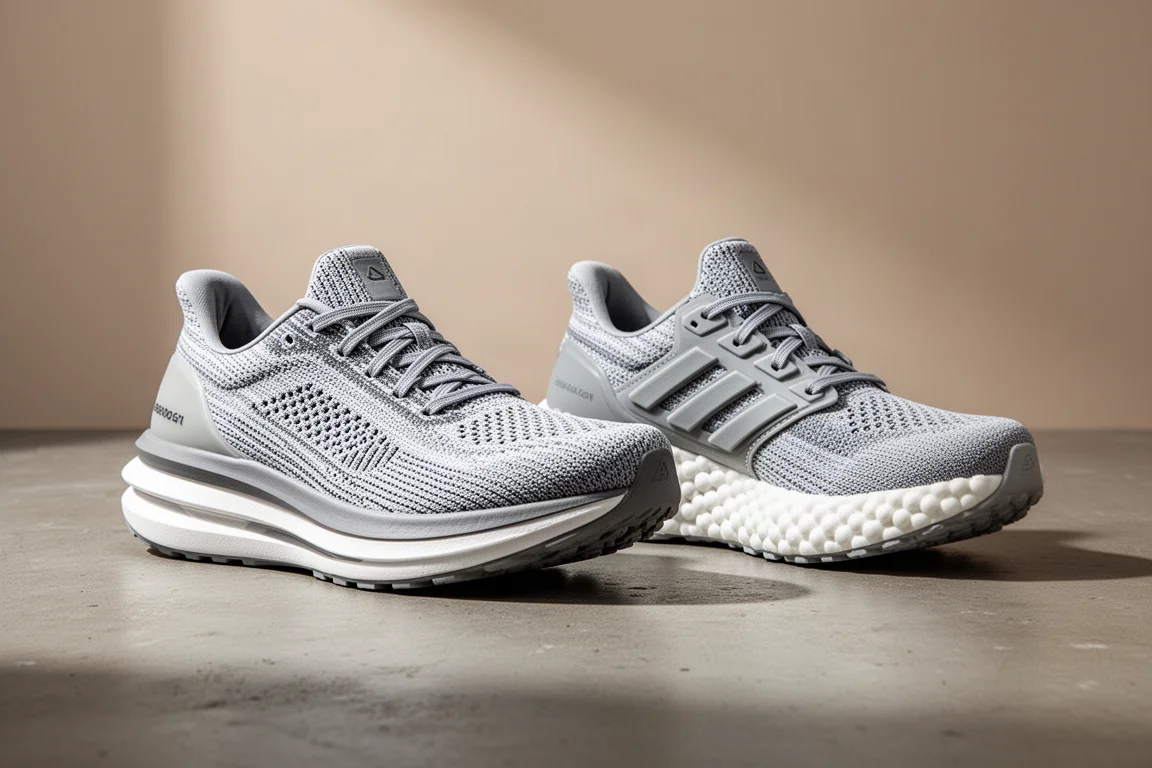 Scarpe da running Asics Megablast e Adidas Hyperboost Edge affiancate sul cemento