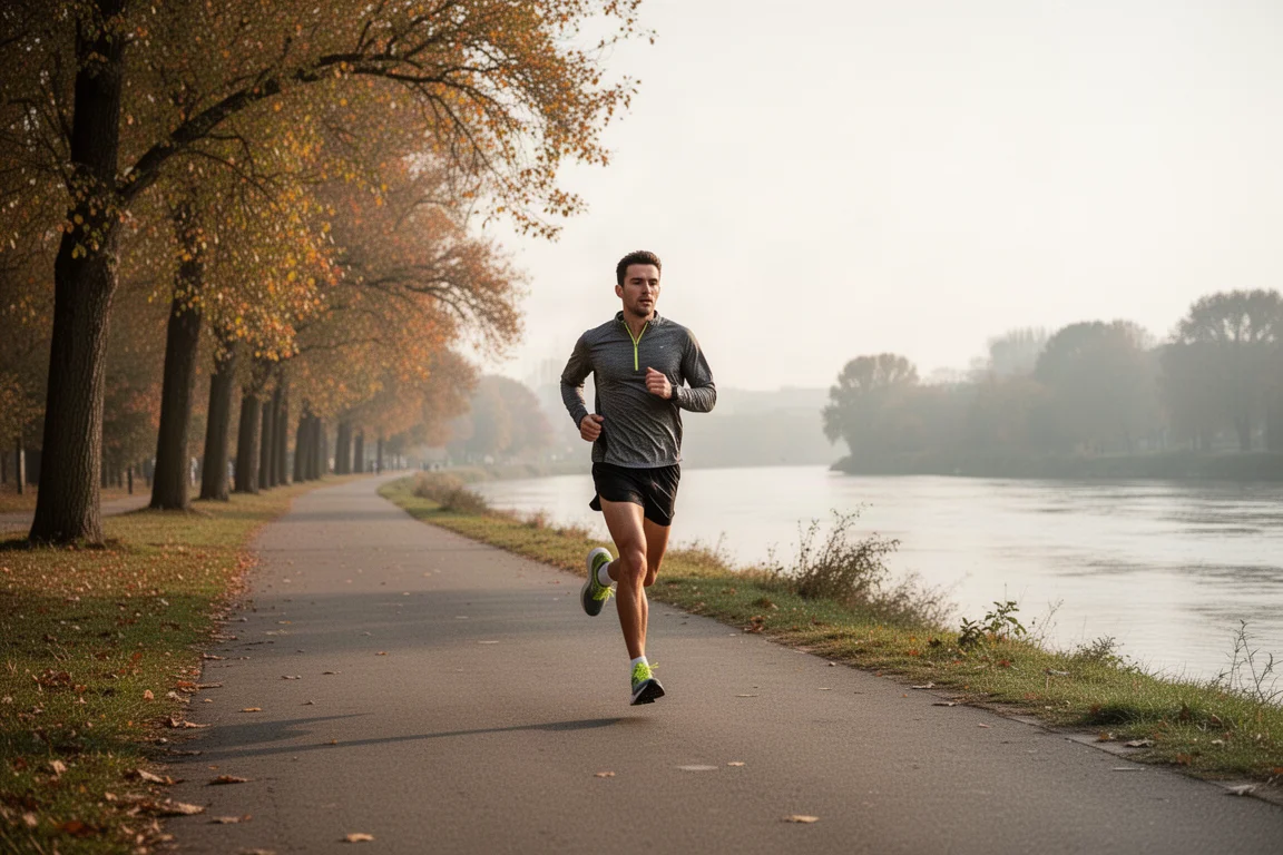 Löpare som glider fram längs en stig vid en flod i stadigt maratontempot