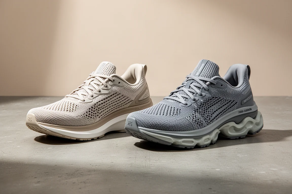 Two high-stack running shoes side by side on a concrete surface