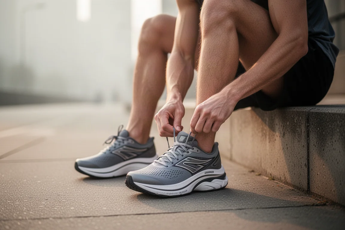 Un runner allaccia scarpe da allenamento ad alto stack prima di una corsa al mattino presto