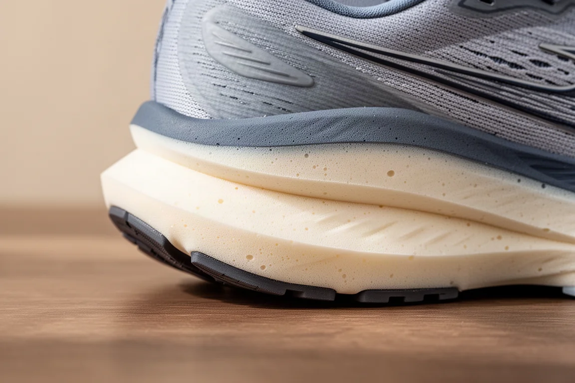 Primo piano della midsole ad alto stack di una scarpa da running con schiuma a strati