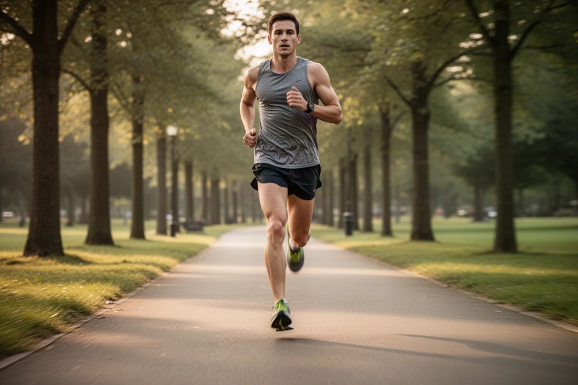 Un runner al ritmo di tempo lungo un viale alberato in un parco