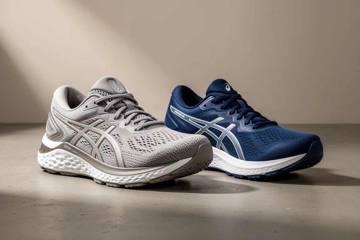 Two high-stack ASICS running trainers side by side on concrete