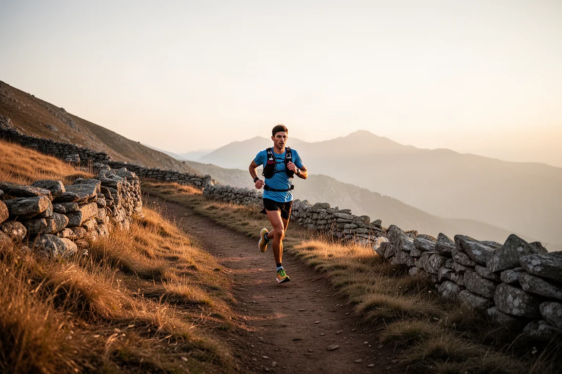 Trailrunner auf glattem Kies-Singletrack im sanften Morgenlicht
