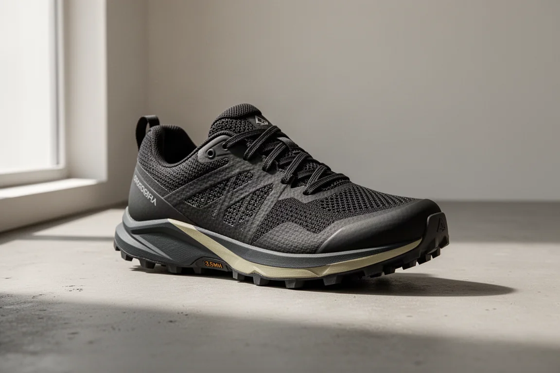Scarpa da trail running ASICS Meta Fuji Trail 2 vista a tre quarti su una superficie in cemento