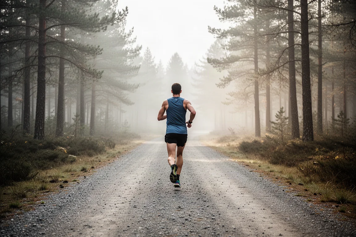 Runner on a compacted gravel forest trail in soft morning light