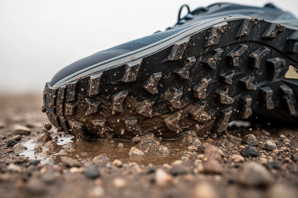 Close-up of trail shoe outsole lugs pressing into soft muddy ground
